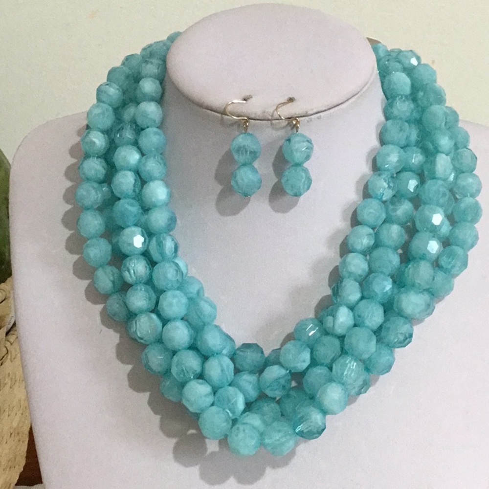 Turquoise Faceted Bead Multi-Strand Necklace with Matching Earrings Lucite